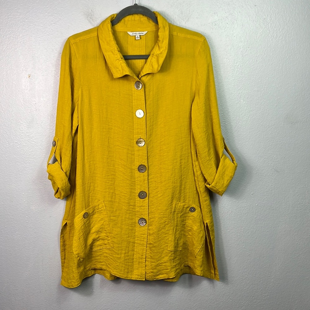 John Mark Yellow Mustard Button Front Tab Sleeve Tunic Top Small